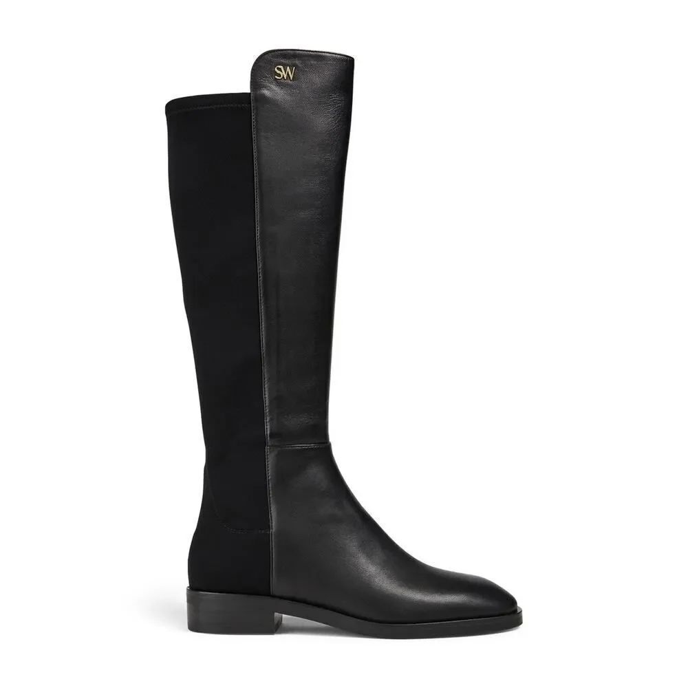Stuart Weitzman Black Leather Stretch Riding Boots 8B Knee High SW Logo (defect)